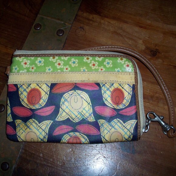 FOSSIL "Vintage" Coated Canvas Leather Trim Zip Around Wallet Mod Wristlet Pouch - Picture 2 of 6